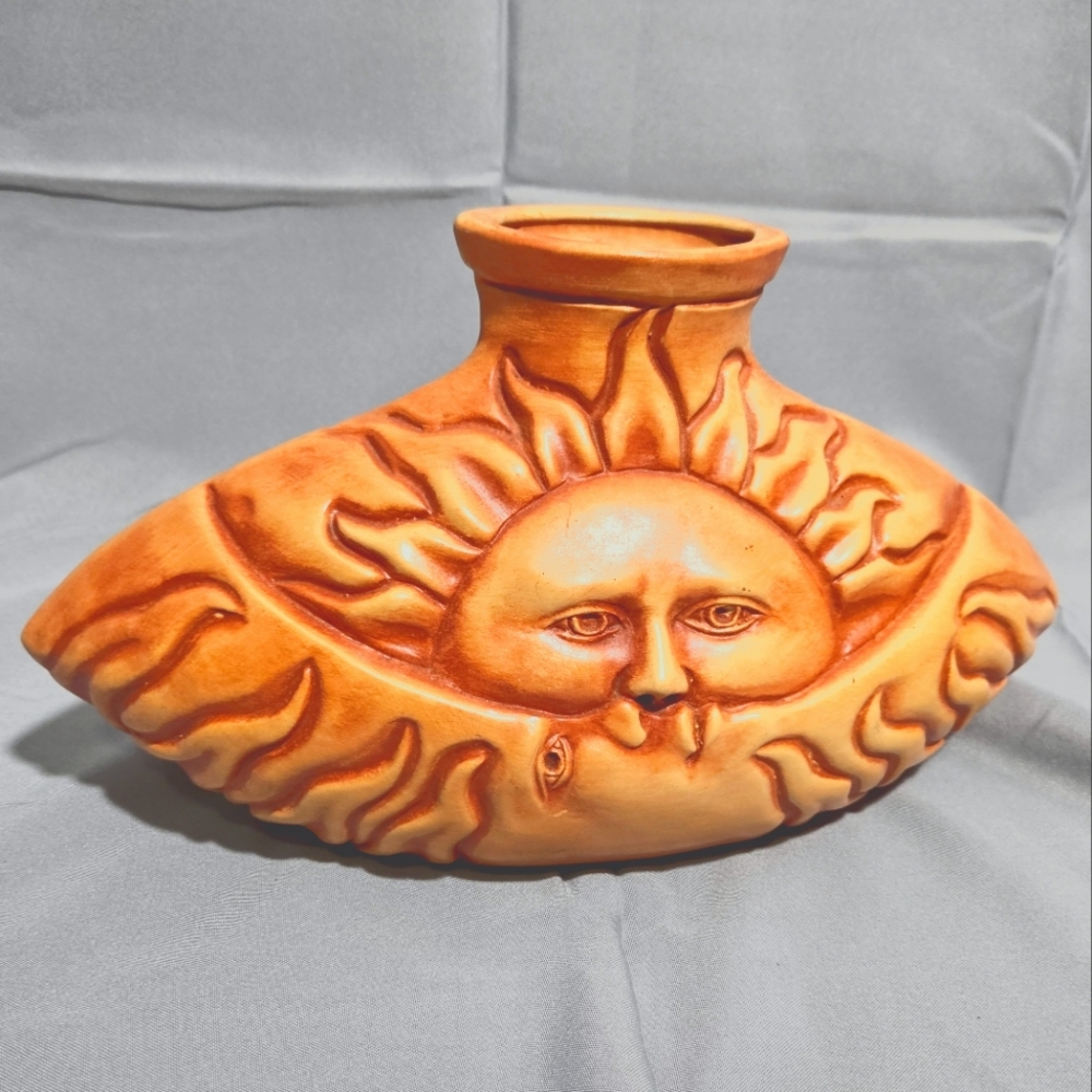 Vintage TLC Handmade Celestial Sun Moon Large Clay Mexican Pottery Vase Folk Art - Picture 2 of 9